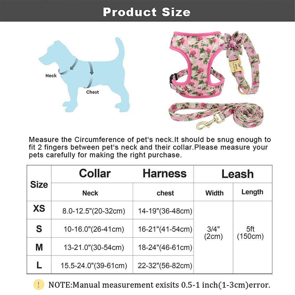 Adjustable Nylon Mesh Harness, Collar with Engraving & Leash Set for Small to Medium Pets