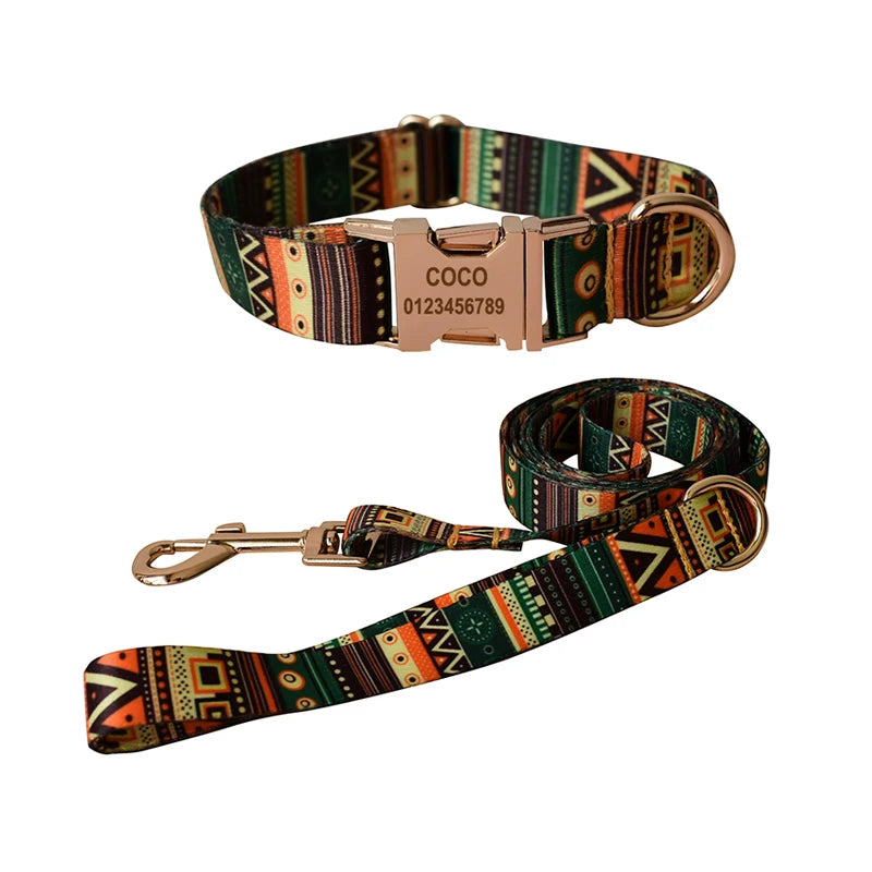 HeritagePaws Ethnic Dog Collar & Leash Set - Custom Engraved for All Breeds