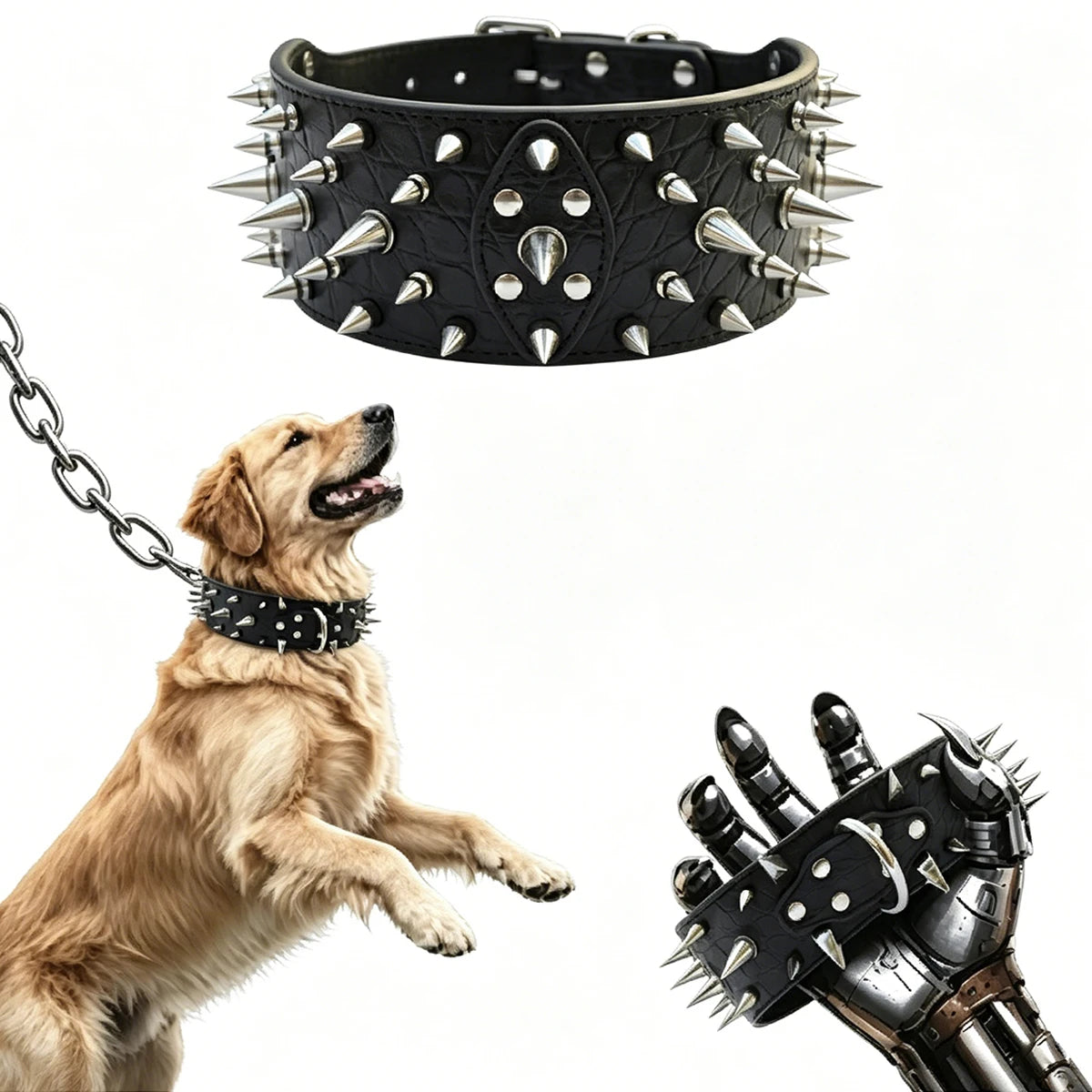 CyberPunk Crocodile-Grain Studded Dog Collar – Heavy Duty PU Leather Neck Protection