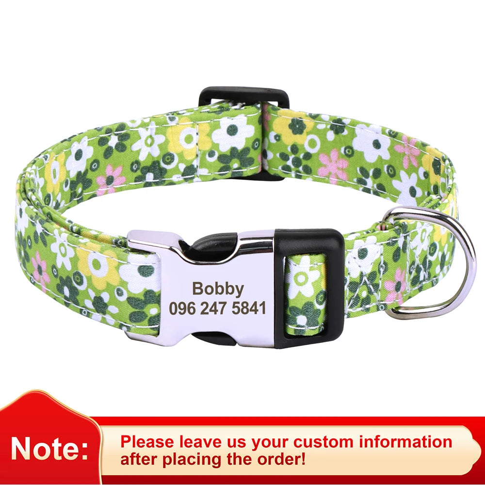 Blossom Charm: Personalized Floral Dog Collar with Engraved ID Tag