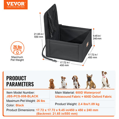 VEVOR Dog Car Seat Waterproof Dog Booster Seat Pet Car Seat with Clip-On Safety Leash PP Cotton Car Bed for Medium & Large Dog