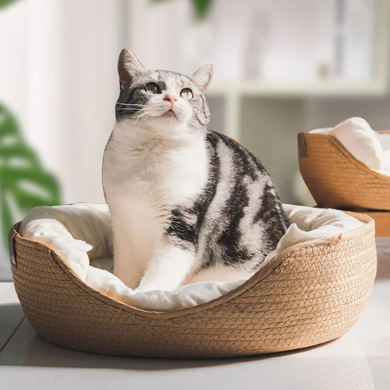 BambooBreeze Artisanal 4-Season Pet Bed – Eco-Friendly Hand-Woven Nest with Waterproof Removable Cushion