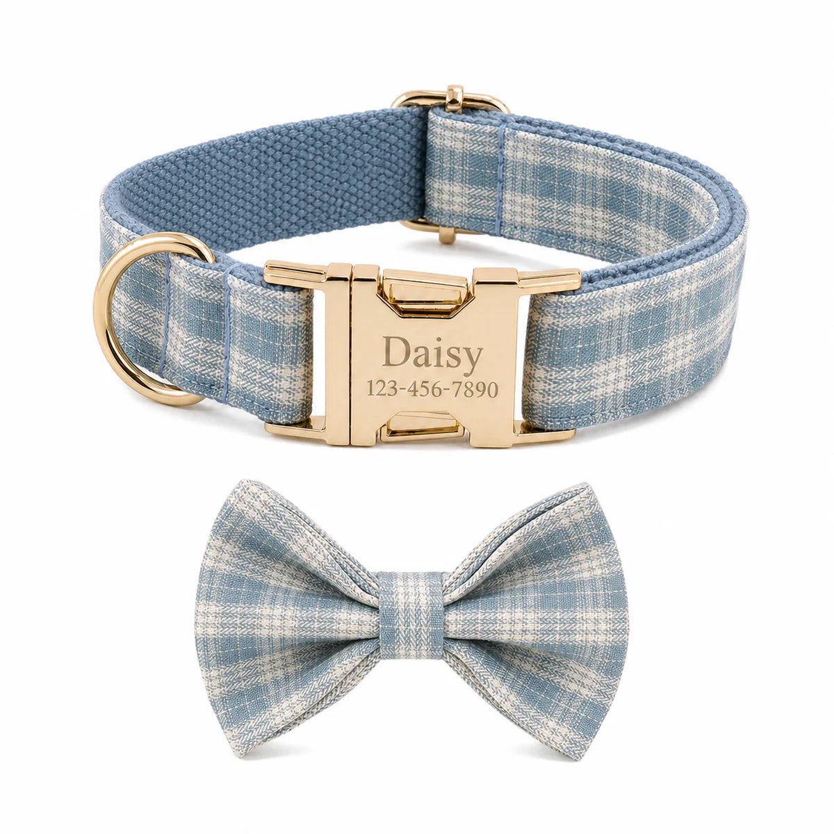 PlaidPaws Personalized Bow Tie Collar Set – Vintage Charm with Custom Engraved Gold Hardware