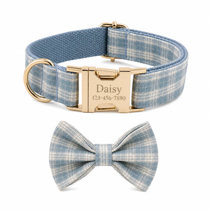 PlaidPaws Personalized Bow Tie Collar Set – Vintage Charm with Custom Engraved Gold Hardware