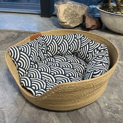 BambooBreeze Artisanal 4-Season Pet Bed – Eco-Friendly Hand-Woven Nest with Waterproof Removable Cushion