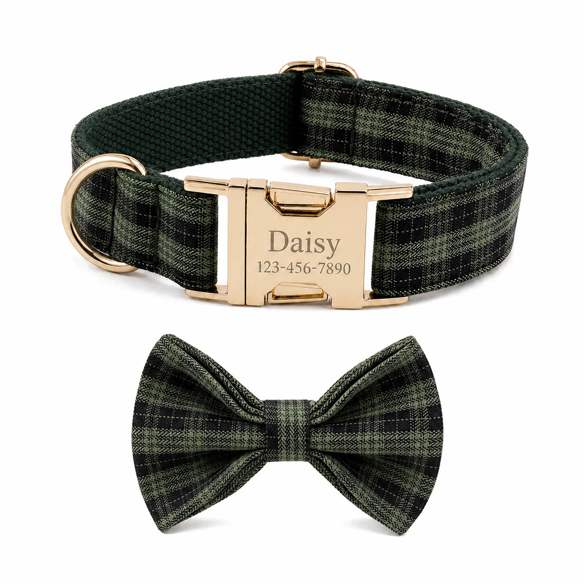PlaidPaws Personalized Bow Tie Collar Set – Vintage Charm with Custom Engraved Gold Hardware