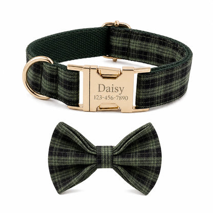 PlaidPaws Personalized Bow Tie Collar Set – Vintage Charm with Custom Engraved Gold Hardware