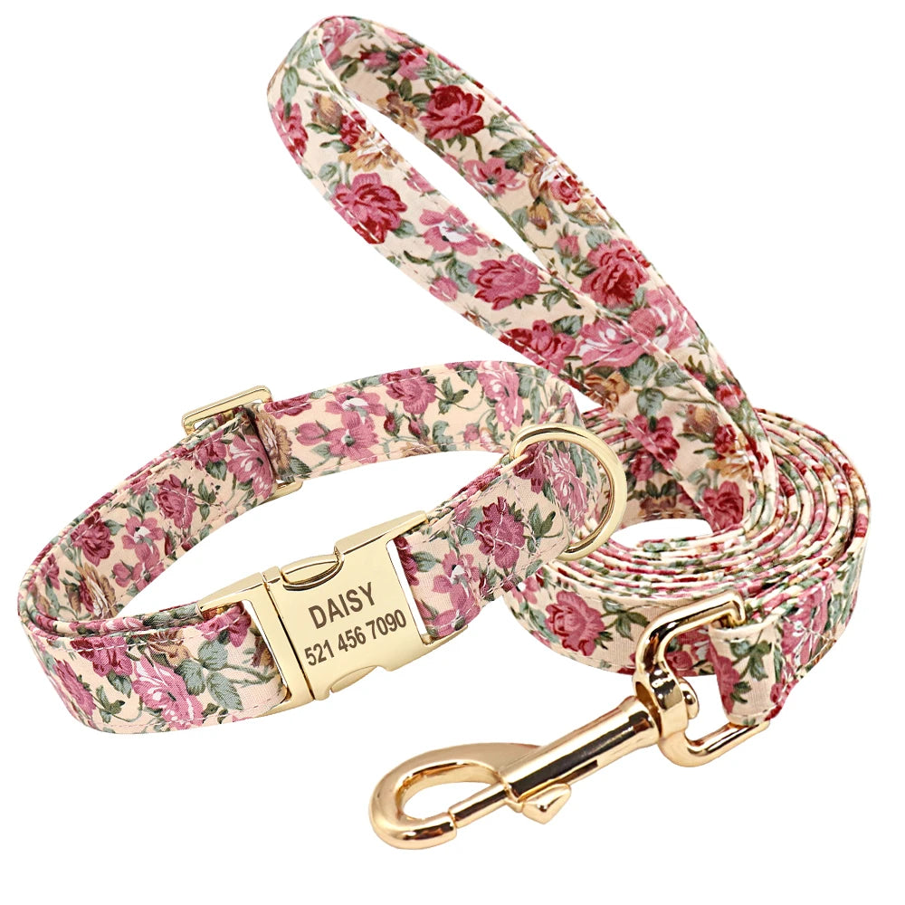 VibrantVibe Floral Mesh Harness, Collar, and Leash Set – Breathable No-Pull Walking Comfort with Engravable ID
