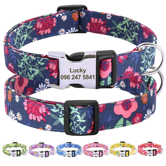 Blossom Charm: Personalized Floral Dog Collar with Engraved ID Tag