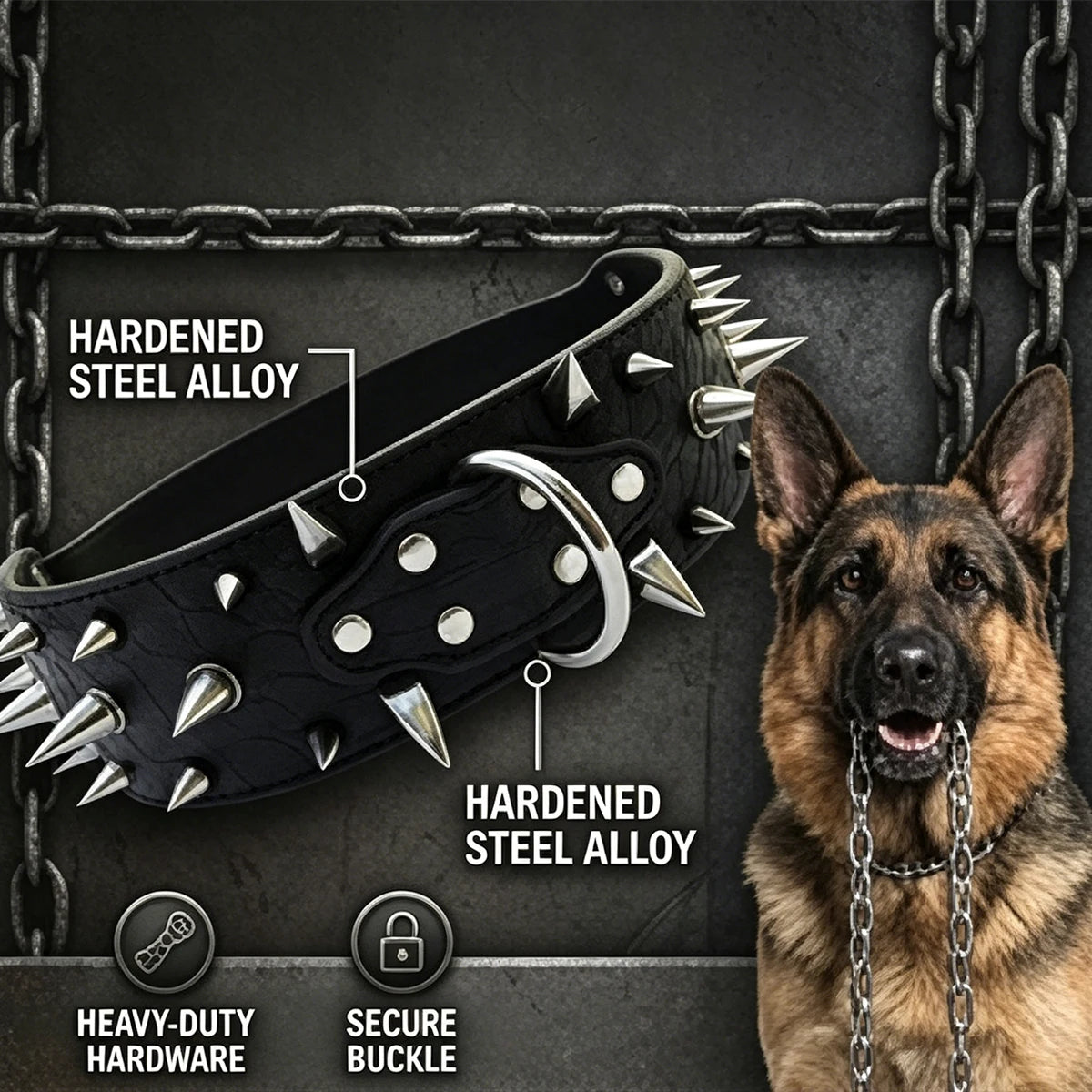 CyberPunk Crocodile-Grain Studded Dog Collar – Heavy Duty PU Leather Neck Protection