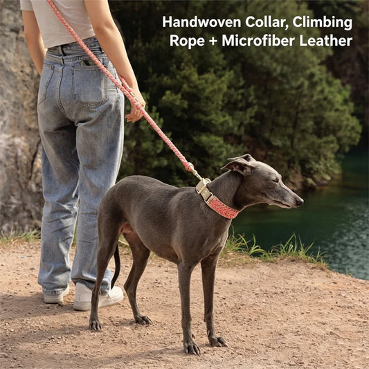 Luxury Hand-Woven Leash or Collar – Heavy-Duty Climbing Rope & Adjustable Leather Walkwear