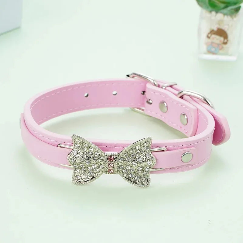 SparkleBow Premium PU Leather Collar – Glamorous Rhinestone Bowknot Accent for Dogs and Cats