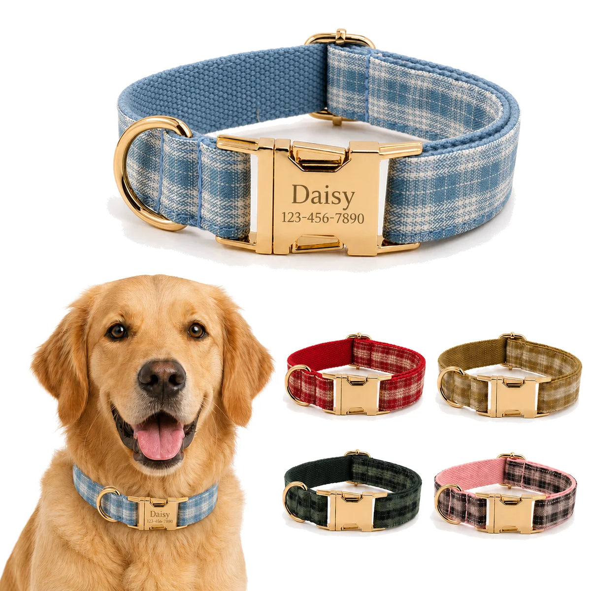 PlaidPaws Personalized Bow Tie Collar Set – Vintage Charm with Custom Engraved Gold Hardware