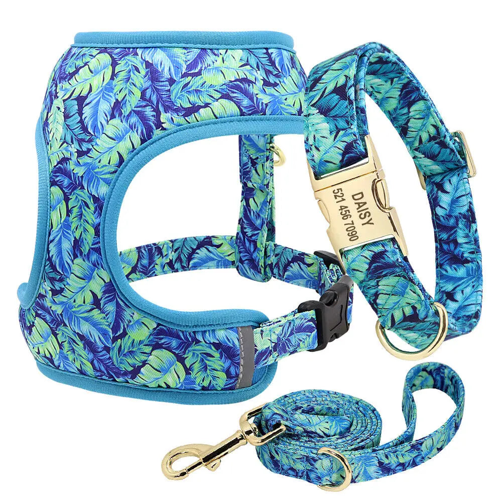 VibrantVibe Floral Mesh Harness, Collar, and Leash Set – Breathable No-Pull Walking Comfort with Engravable ID