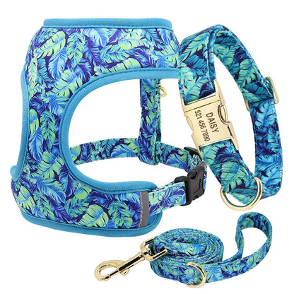 VibrantVibe Floral Mesh Harness, Collar, and Leash Set – Breathable No-Pull Walking Comfort with Engravable ID