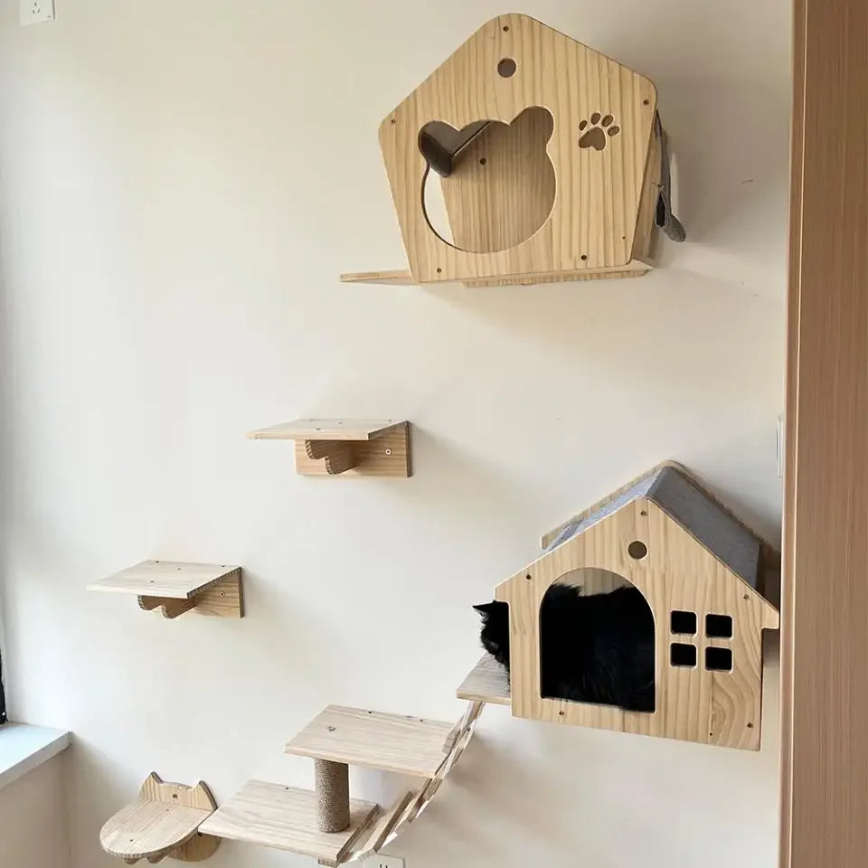 WhiskerWonder Wall-Mounted Cat Playground - Wooden Climbing Shelves & Sisal Scratcher