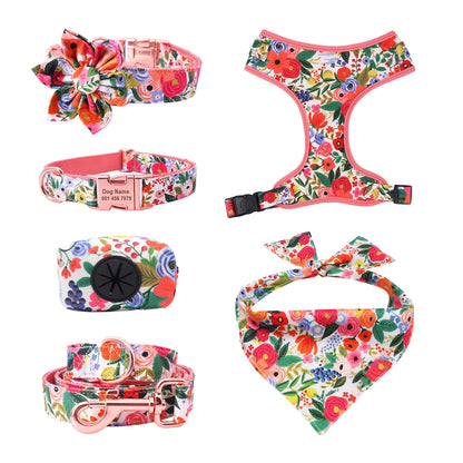 Elegant Floral Dog Harness Set with Personalized Collar & Leash