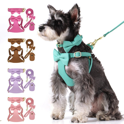 BowTie Charm 4-Piece Walking Set – Soft Vest Harness, Collar, Leash, and Poop Bag Holder