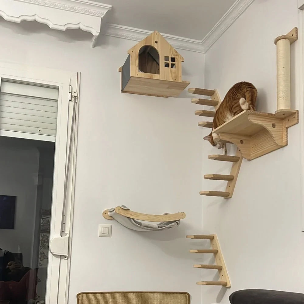 WhiskerWonder Wall-Mounted Cat Playground - Wooden Climbing Shelves & Sisal Scratcher