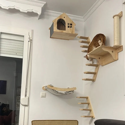 WhiskerWonder Wall-Mounted Cat Playground - Wooden Climbing Shelves & Sisal Scratcher