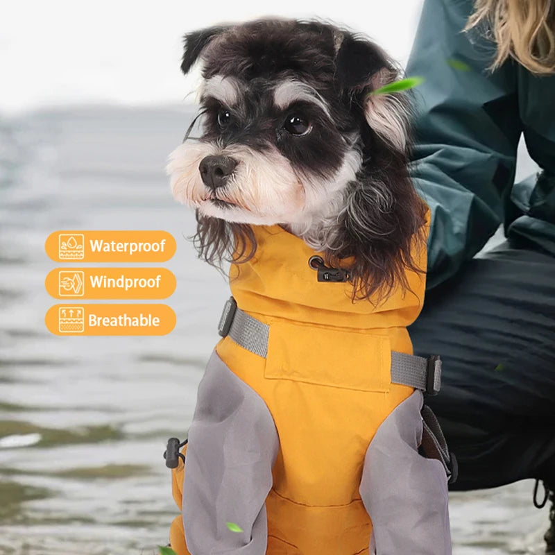 StormGuard Four-Legged Waterproof Raincoat – Full-Body Windproof Pet Poncho with Hood