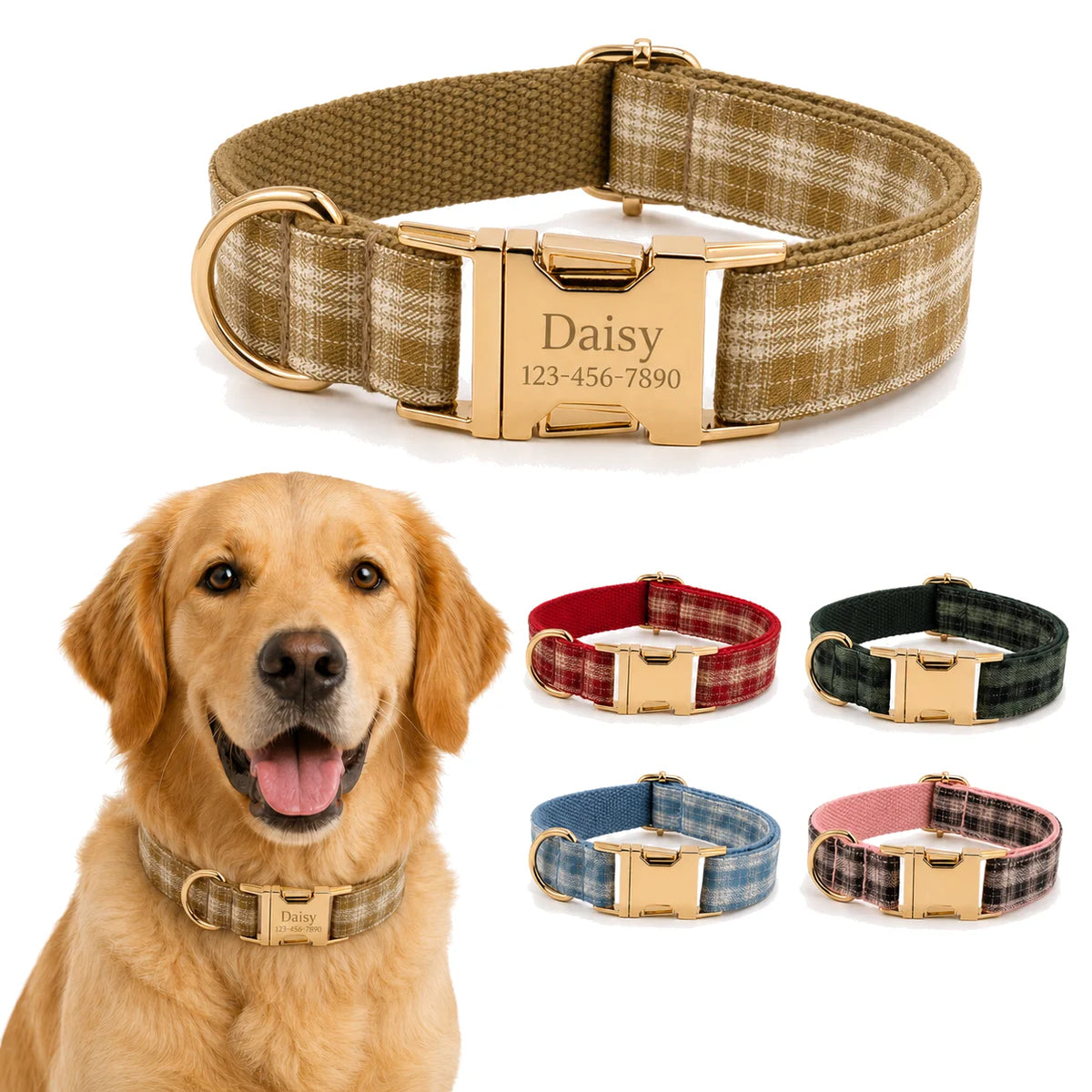 PlaidPaws Personalized Bow Tie Collar Set – Vintage Charm with Custom Engraved Gold Hardware