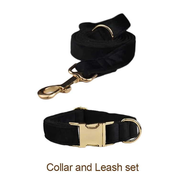 VelvetVogue Royal Black Velvet Collar, Harness & Leash Set – Luxury Custom Engraved Walking Collection with Detachable Bow Tie & Flower
