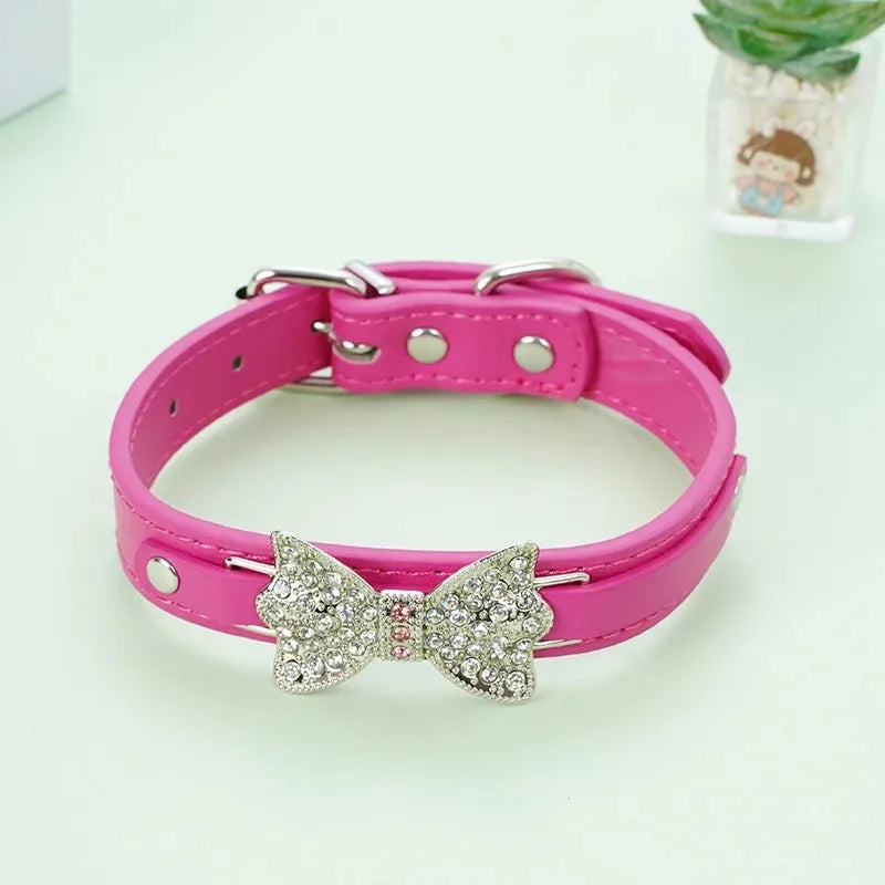 SparkleBow Premium PU Leather Collar – Glamorous Rhinestone Bowknot Accent for Dogs and Cats