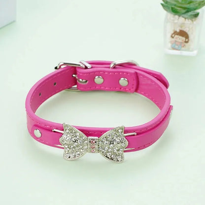 SparkleBow Premium PU Leather Collar – Glamorous Rhinestone Bowknot Accent for Dogs and Cats
