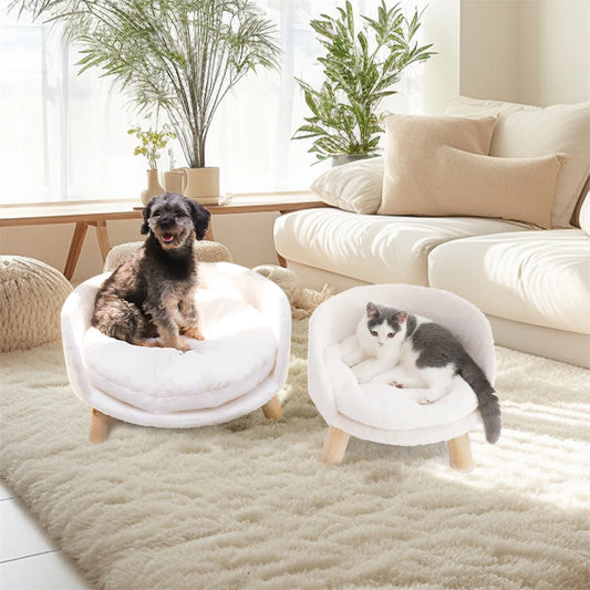 Luxury Plush Cat Bed with Wood Legs – Waterproof & Washable Comfort