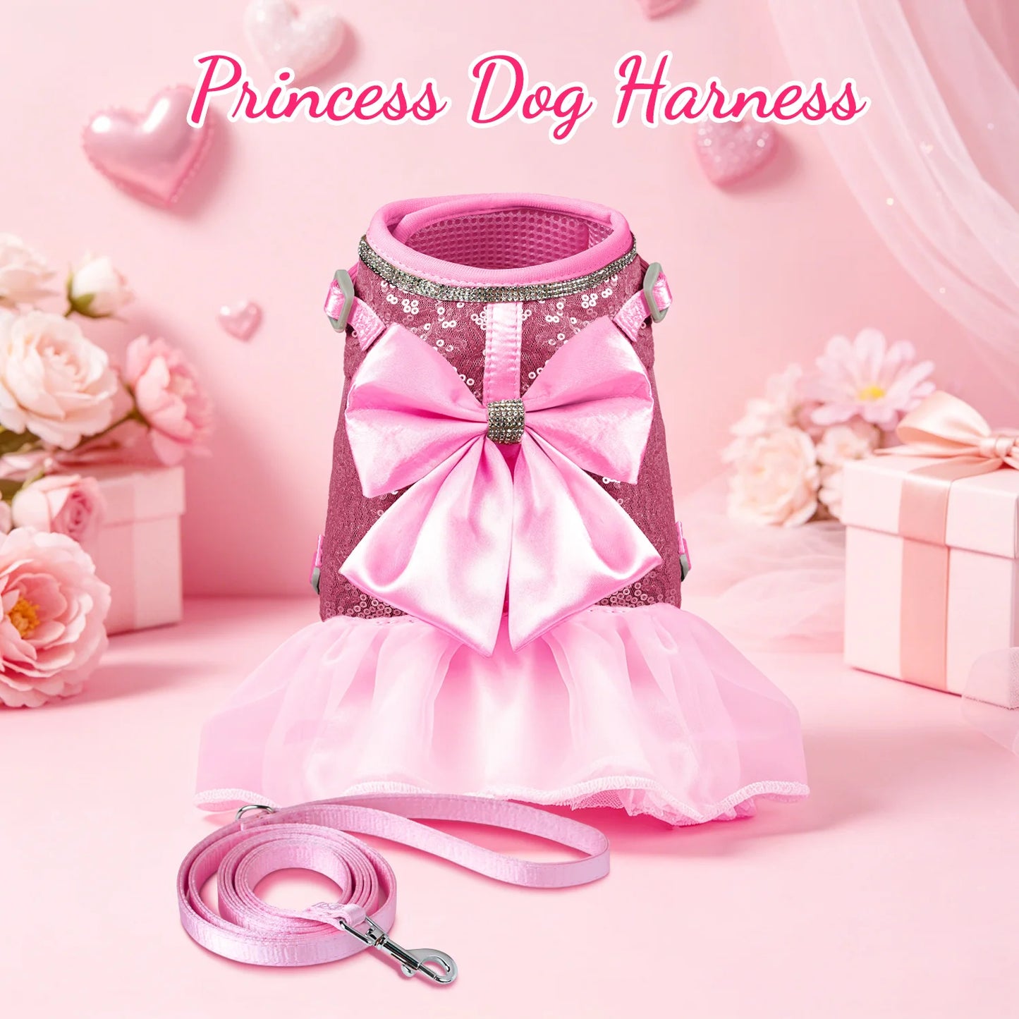 PrincessGlow Glitter Dress Harness & Leash Set – Sparkling Elegance for Special Occasions
