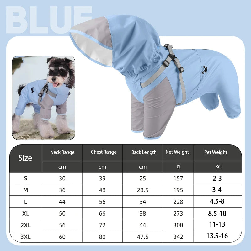 StormGuard Four-Legged Waterproof Raincoat – Full-Body Windproof Pet Poncho with Hood
