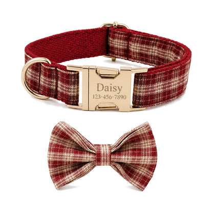 PlaidPaws Personalized Bow Tie Collar Set – Vintage Charm with Custom Engraved Gold Hardware