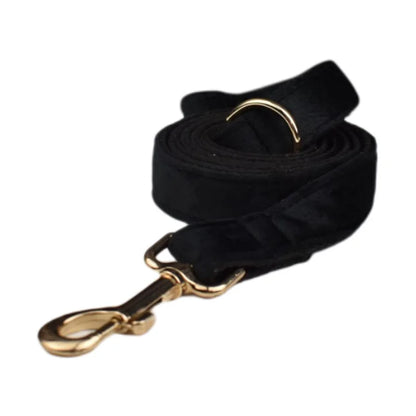 VelvetVogue Royal Black Velvet Collar, Harness & Leash Set – Luxury Custom Engraved Walking Collection with Detachable Bow Tie & Flower