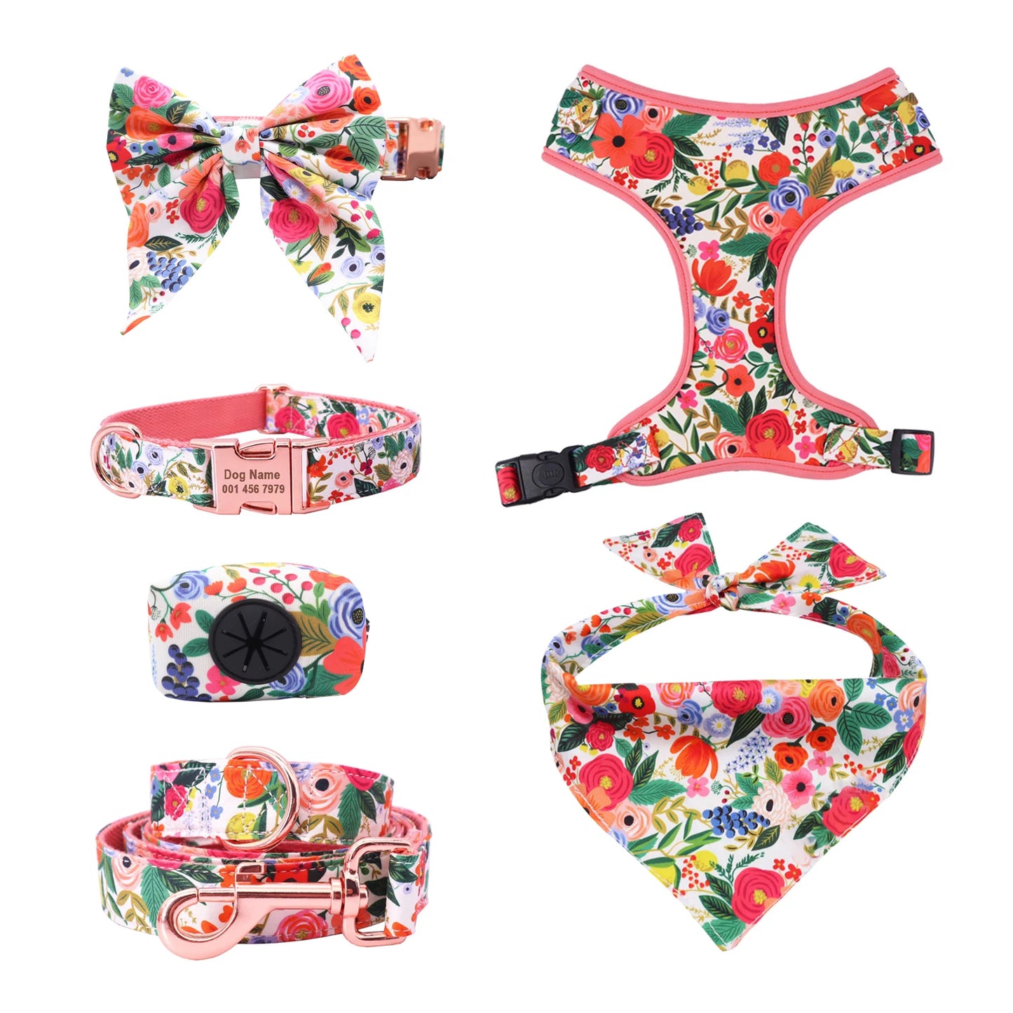 Elegant Floral Dog Harness Set with Personalized Collar & Leash