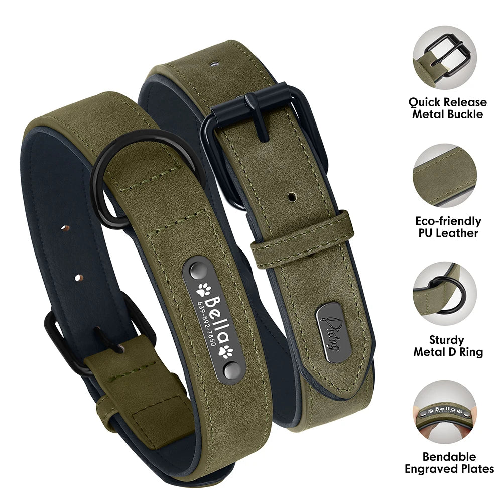 Personalized Comfort PU Leather Dog Collar - Free Engraved Paw Necklace