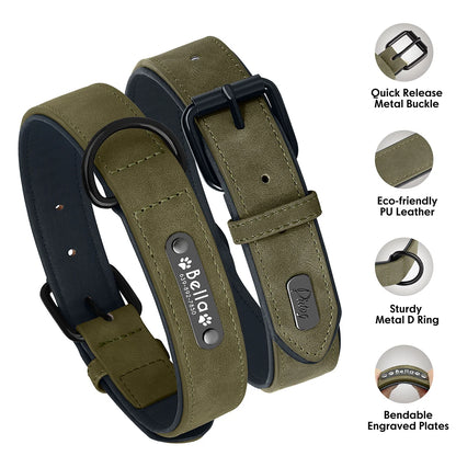 Personalized Comfort PU Leather Dog Collar - Free Engraved Paw Necklace