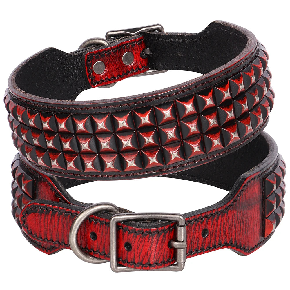 TitanStride Luxury Genuine Leather Dog Collar – Heavy-Duty Metal Rivet Neck Protection for Medium and Large Breeds