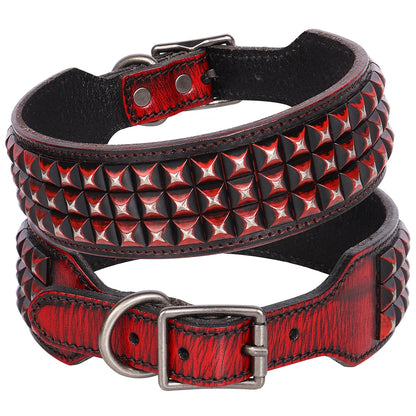 TitanStride Luxury Genuine Leather Dog Collar – Heavy-Duty Metal Rivet Neck Protection for Medium and Large Breeds