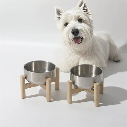 Ergonomic Elevated Pet Bowl – 304 Stainless Steel & Eco-Wood Stand Feeder