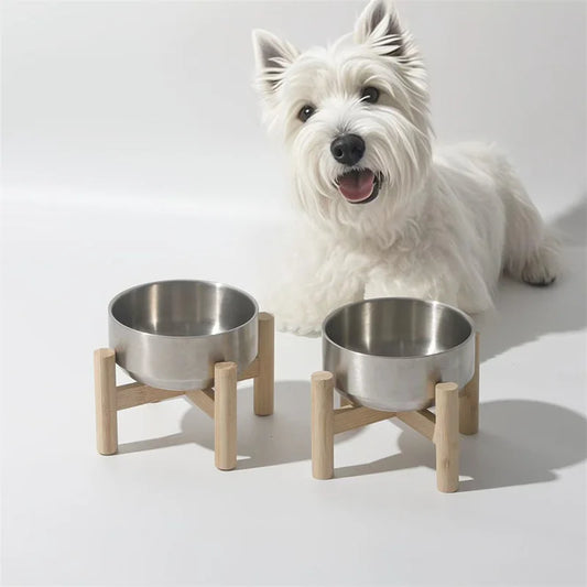 Ergonomic Elevated Pet Bowl – 304 Stainless Steel & Eco-Wood Stand Feeder