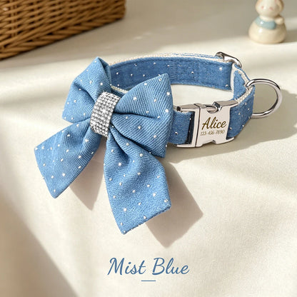 DenimDazzle Personalized Bow Dog Collar - Classic Denim Style with Custom Engraving