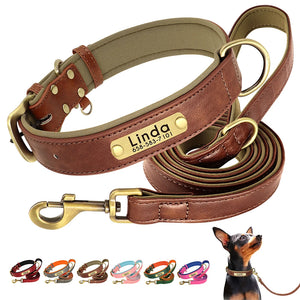 Customized Leather Dog Collar Leash Set Soft With Free Engraved Nameplate