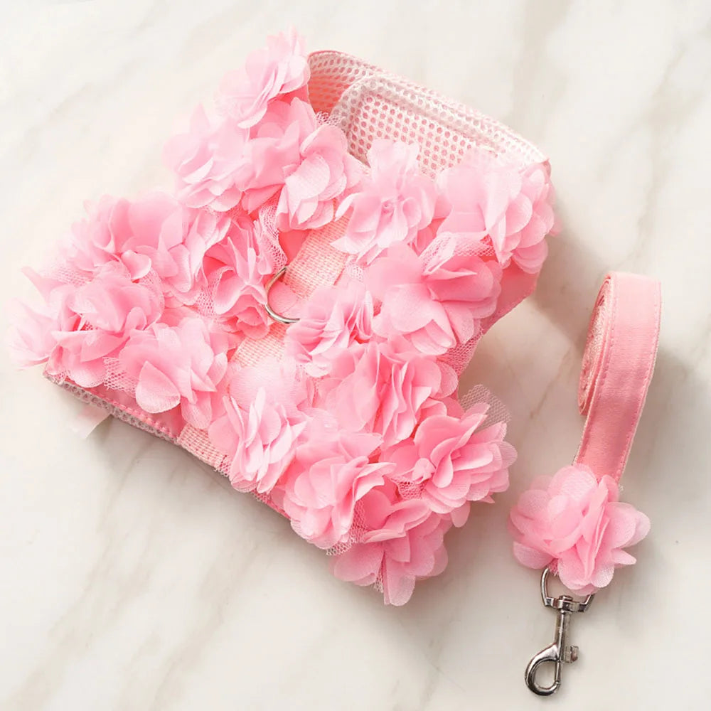 FloraCharm Luxury No-Pull Vest Harness & Leash Set – Breathable Mesh Floral Puppy Safety Vest