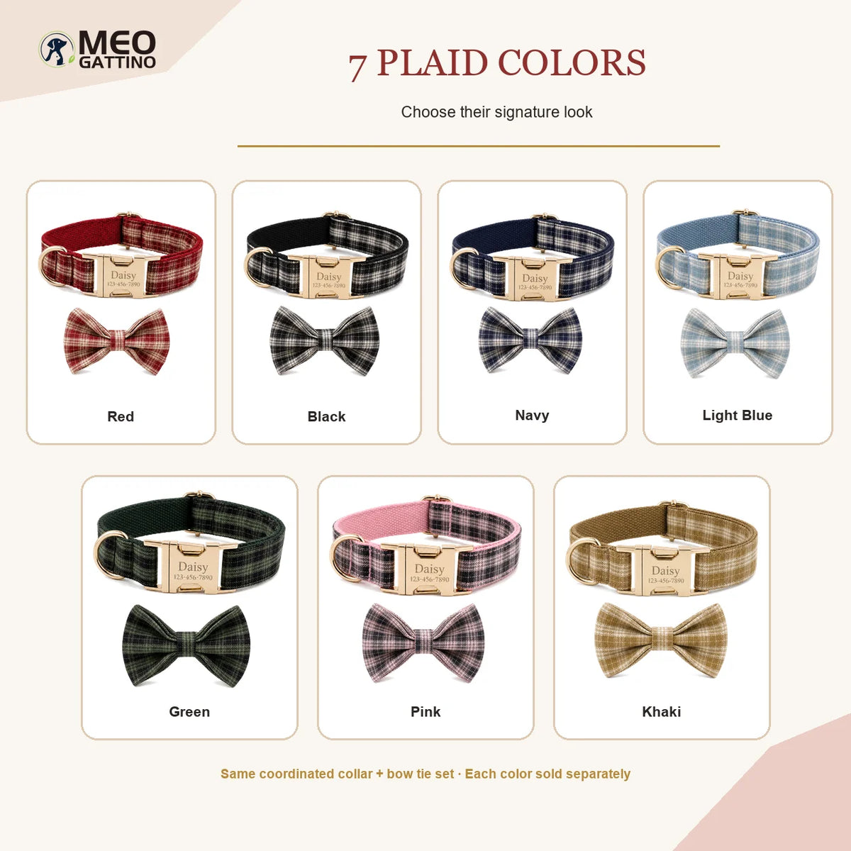PlaidPaws Personalized Bow Tie Collar Set – Vintage Charm with Custom Engraved Gold Hardware