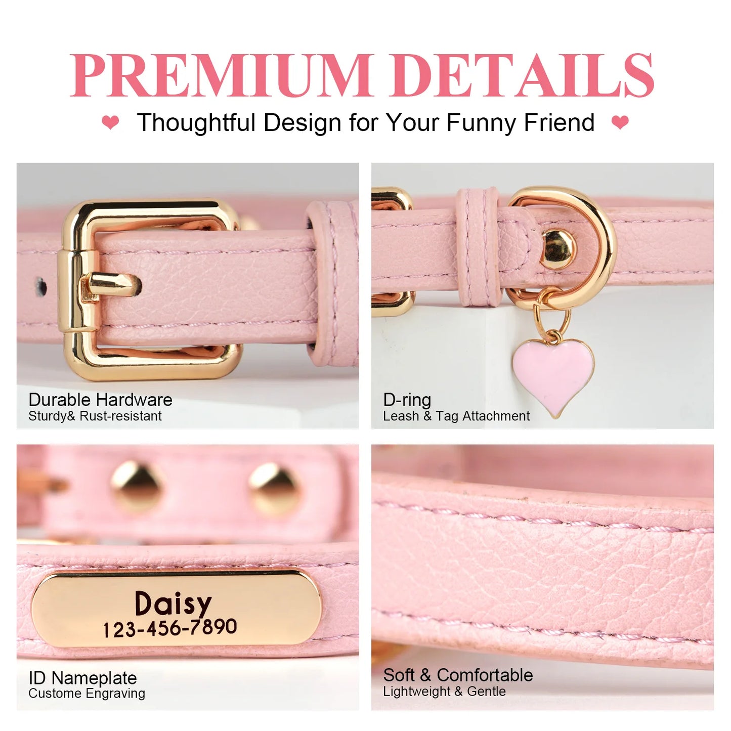 SoftGlow Custom PU Leather Collar – Gentle Comfort with Engraved Name Tag