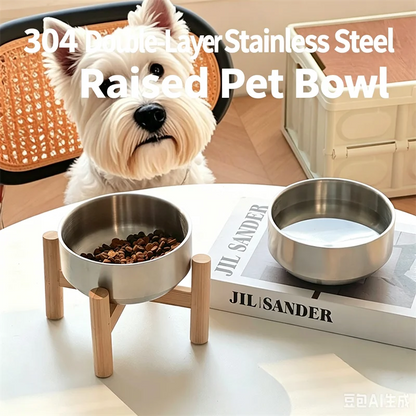 Ergonomic Elevated Pet Bowl – 304 Stainless Steel & Eco-Wood Stand Feeder