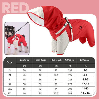 StormGuard Four-Legged Waterproof Raincoat – Full-Body Windproof Pet Poncho with Hood