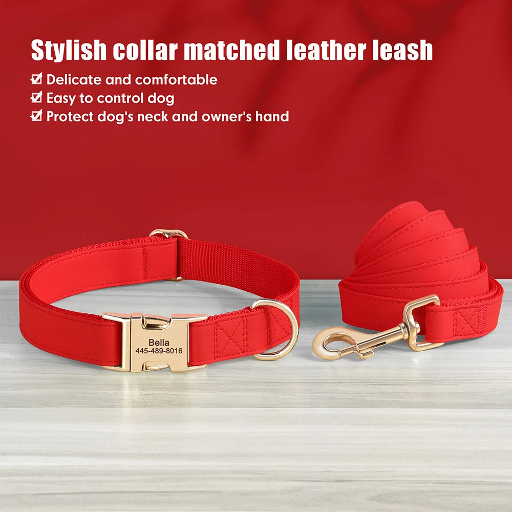 Personalized PU Leather Dog Collar & Leash Set - Durable Elegance for Every Pup