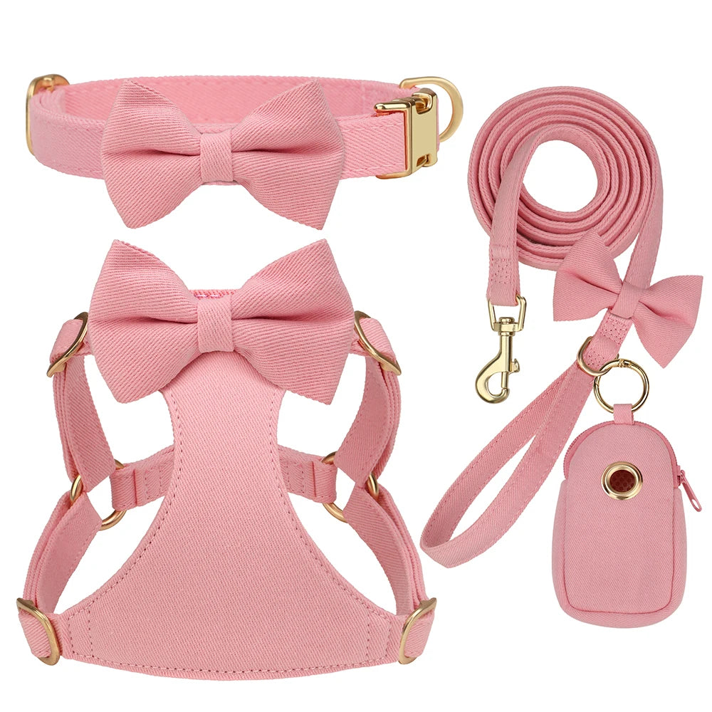 BowTie Charm 4-Piece Walking Set – Soft Vest Harness, Collar, Leash, and Poop Bag Holder
